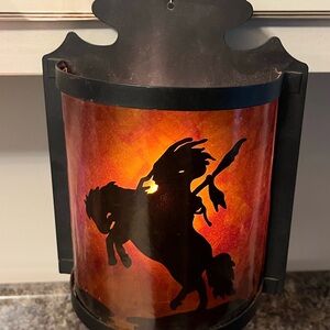 Metal Wall Sconce Light Fixture Lamp w/Diffused Fiberglass Shade Indian On Horse
